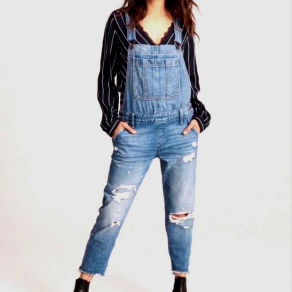 High-Rise Denim Overalls - Medium Distress